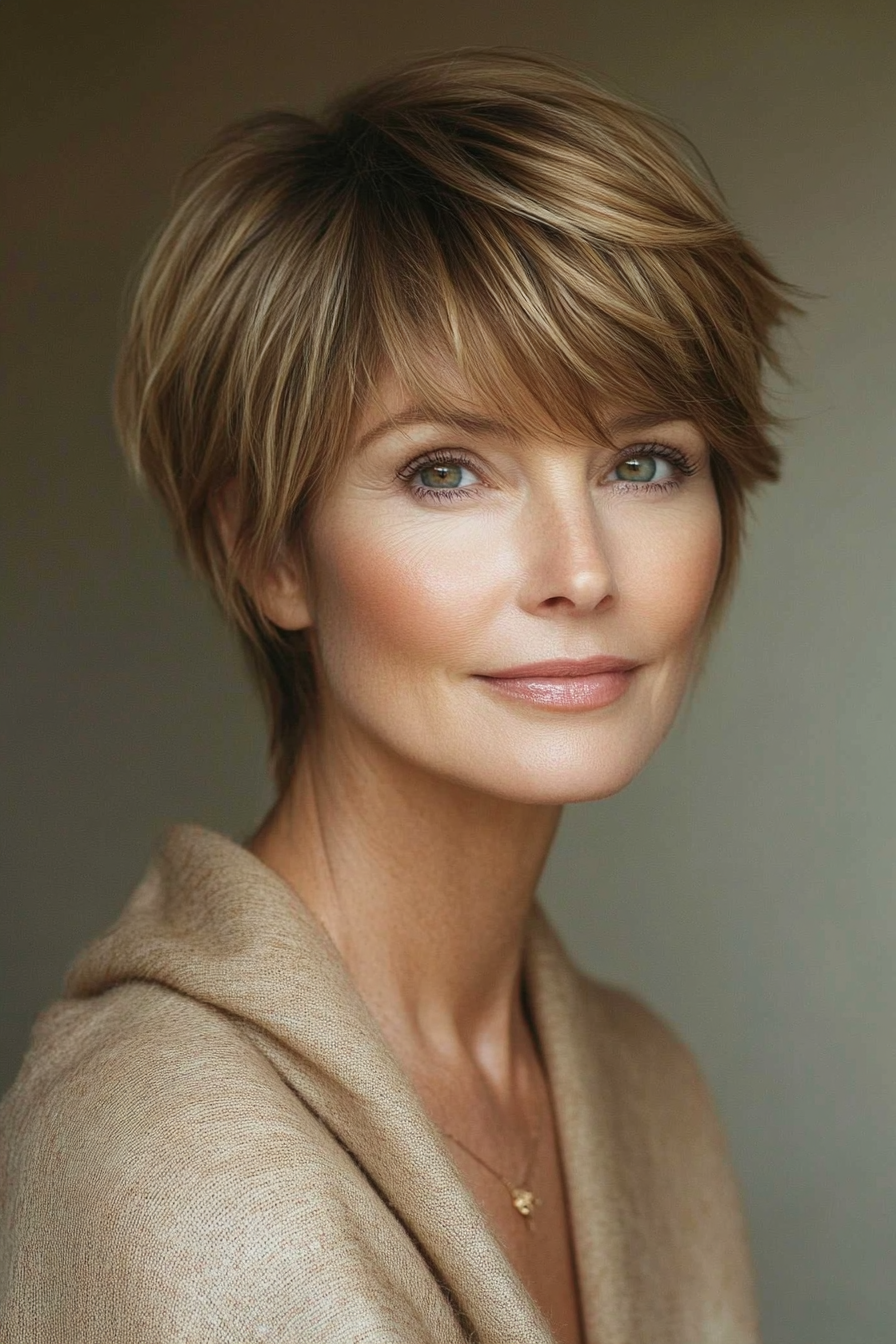 23. Soft Layered Pixie with Side-Swept Bangs in Warm Hazelnut (Hairstyles For Women Over 40 With Fine Hair) - Hairstyles For Women Over 40 With Fine Hair