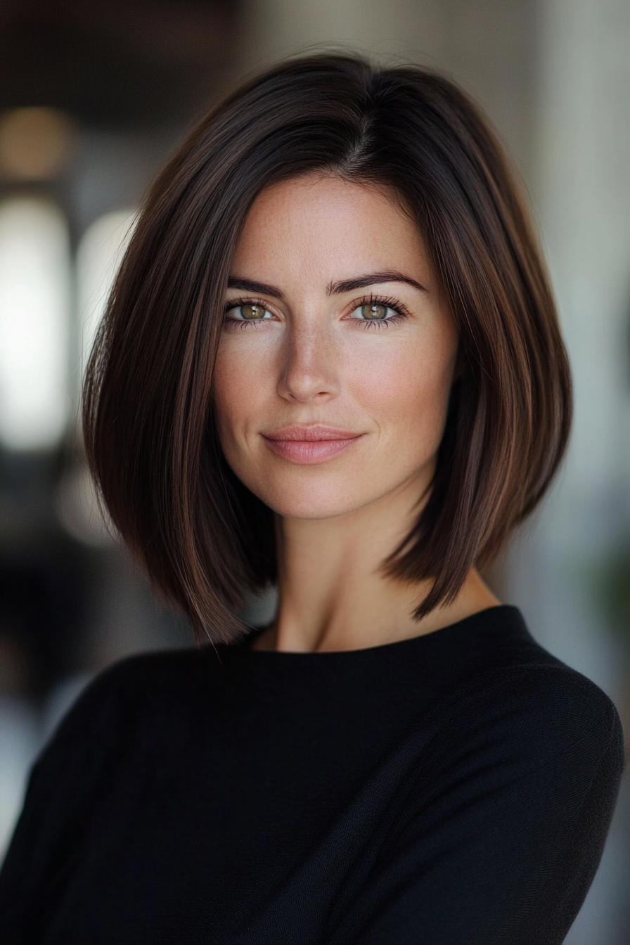 24. Neck-Length Blunt Bob in Classic Dark Brown (Hairstyles For Women Over 40 With Fine Hair) - Hairstyles For Women Over 40 With Fine Hair