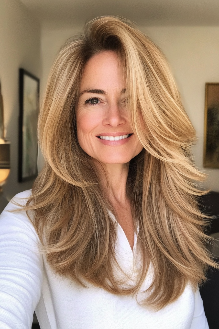 25. Airy Feathered Layers in Light Golden Brown (Hairstyles For Women Over 40 With Fine Hair) - Hairstyles For Women Over 40 With Fine Hair