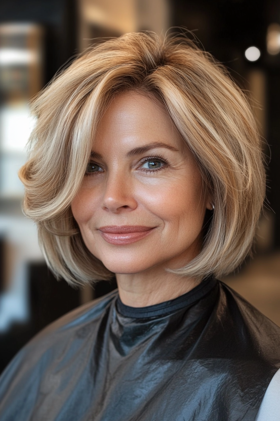 26. Modern Layered Bob in Soft Caramel Blonde (Hairstyles For Women Over 40 With Fine Hair) - Hairstyles For Women Over 40 With Fine Hair
