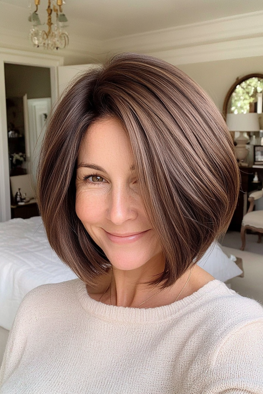27. Chin-Length Layered Bob in Soft Walnut Brown (Hairstyles For Women Over 40 With Fine Hair) - Hairstyles For Women Over 40 With Fine Hair