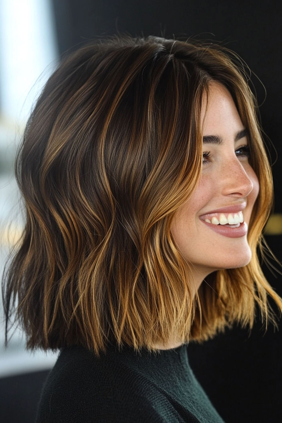 4. Choppy Lob with Honey Brown Highlights (Medium Length Haircuts For Thick Hair) - Medium Length Haircuts For Thick Hair