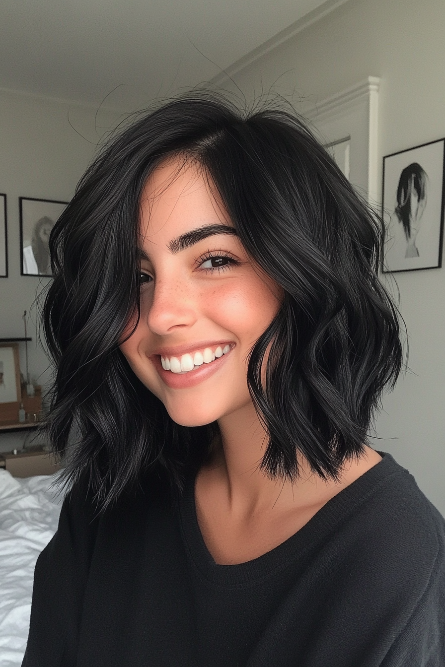 9. Wavy Mid-Length Layers in Jet Black (Medium Length Haircuts For Thick Hair) - Medium Length Haircuts For Thick Hair