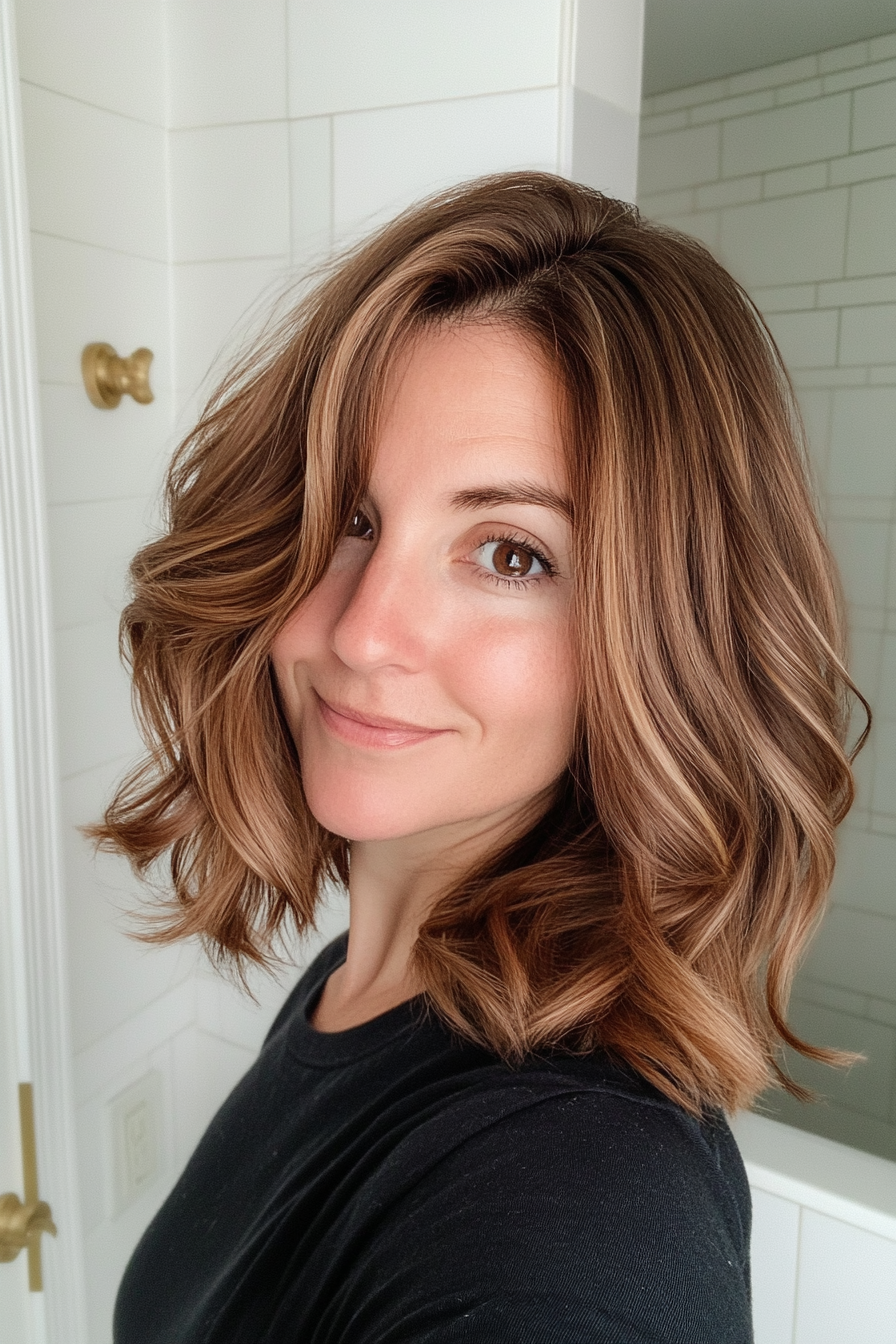 11. Face-Framing Layers with Cinnamon Brown Accents (Medium Length Haircuts For Thick Hair) - Medium Length Haircuts For Thick Hair