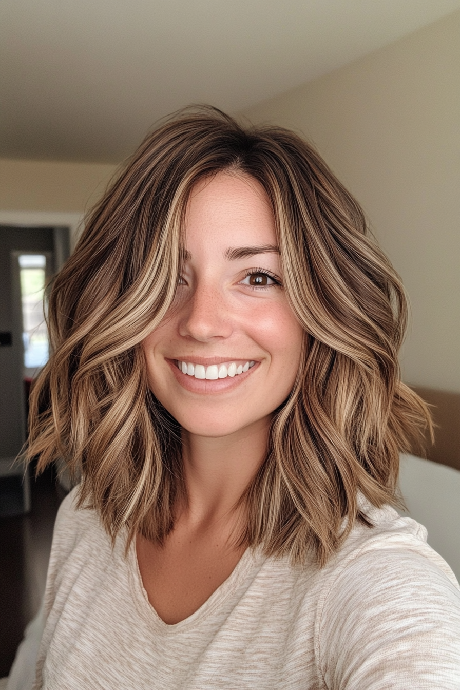 12. Tousled Lob with Ash Brown Highlights (Medium Length Haircuts For Thick Hair) - Medium Length Haircuts For Thick Hair