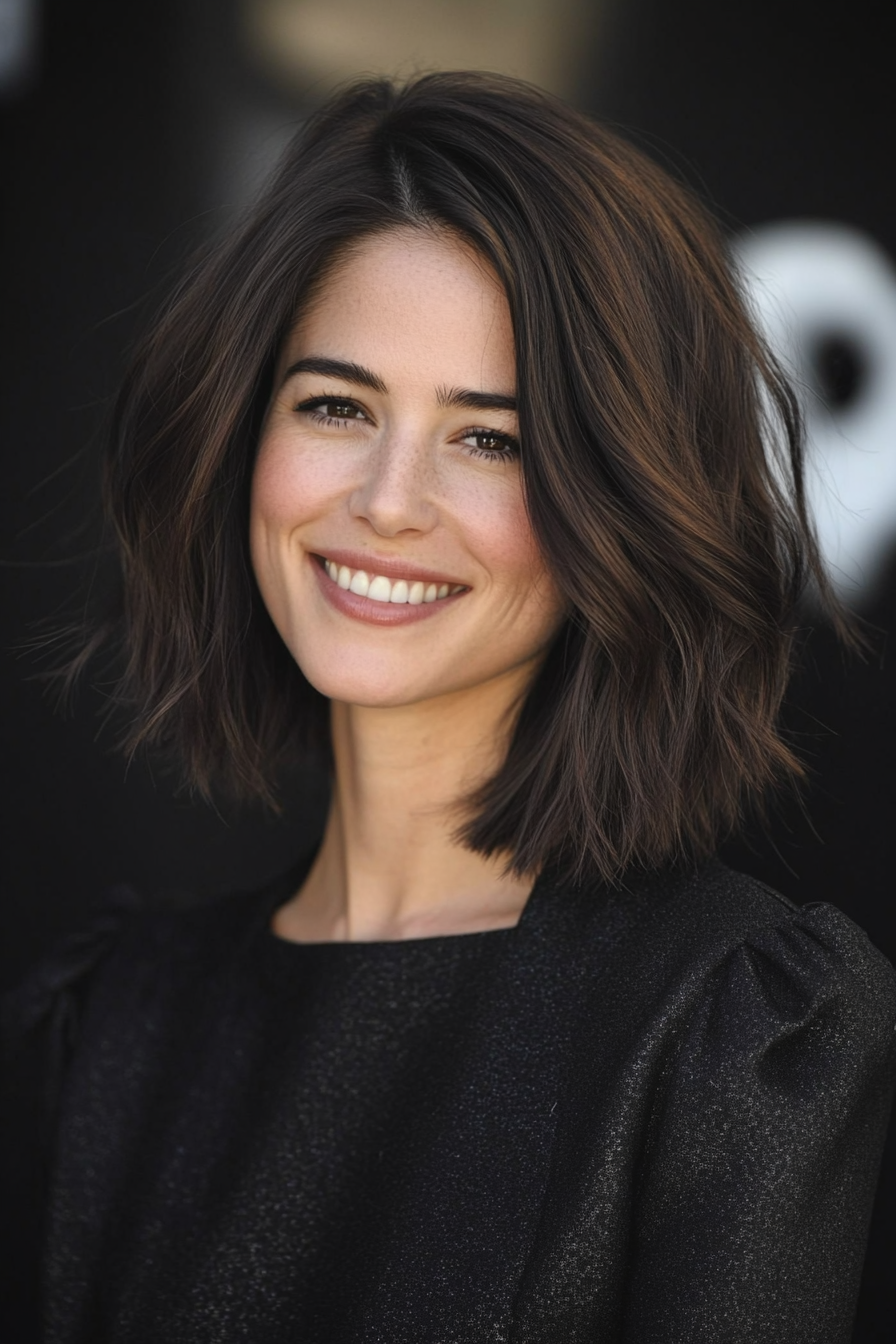 14. Side-Parted Shoulder-Length Cut in Chestnut Black (Medium Length Haircuts For Thick Hair) - Medium Length Haircuts For Thick Hair