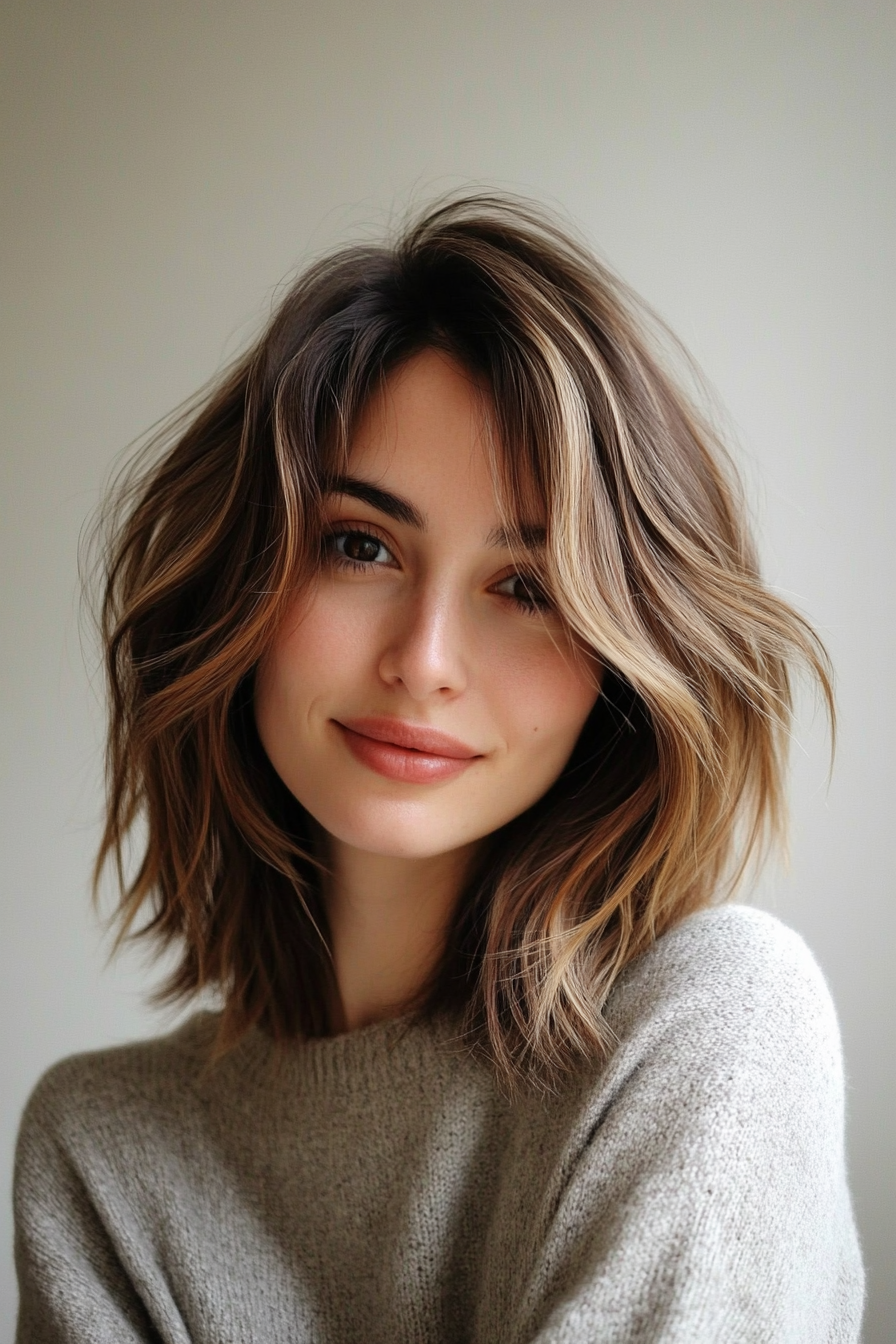 15. Long Shaggy Bob with Golden Brown Balayage (Medium Length Haircuts For Thick Hair) - Medium Length Haircuts For Thick Hair