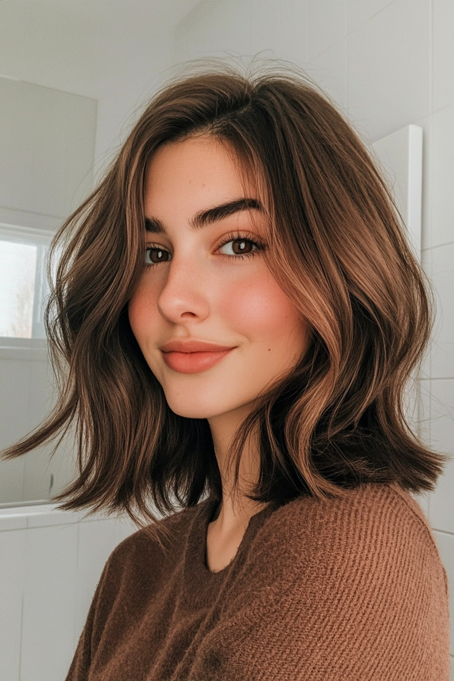16. Collarbone-Length Cut with Cocoa Brown Tones (Medium Length Haircuts For Thick Hair) - Medium Length Haircuts For Thick Hair