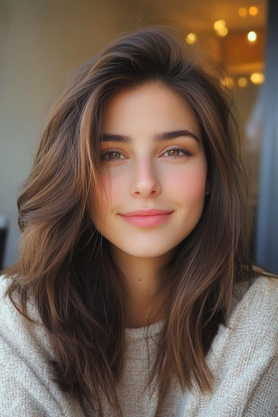 17. Airy Layers with Light Brown Babylights (Medium Length Haircuts For Thick Hair) - Medium Length Haircuts For Thick Hair