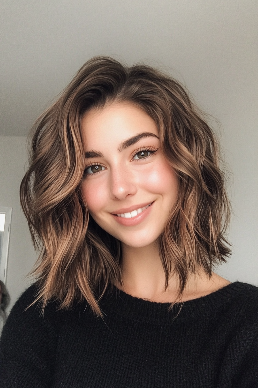 21. Mid-Length Wavy Lob in Cool-Toned Brown (Medium Length Haircuts For Thick Hair) - Medium Length Haircuts For Thick Hair