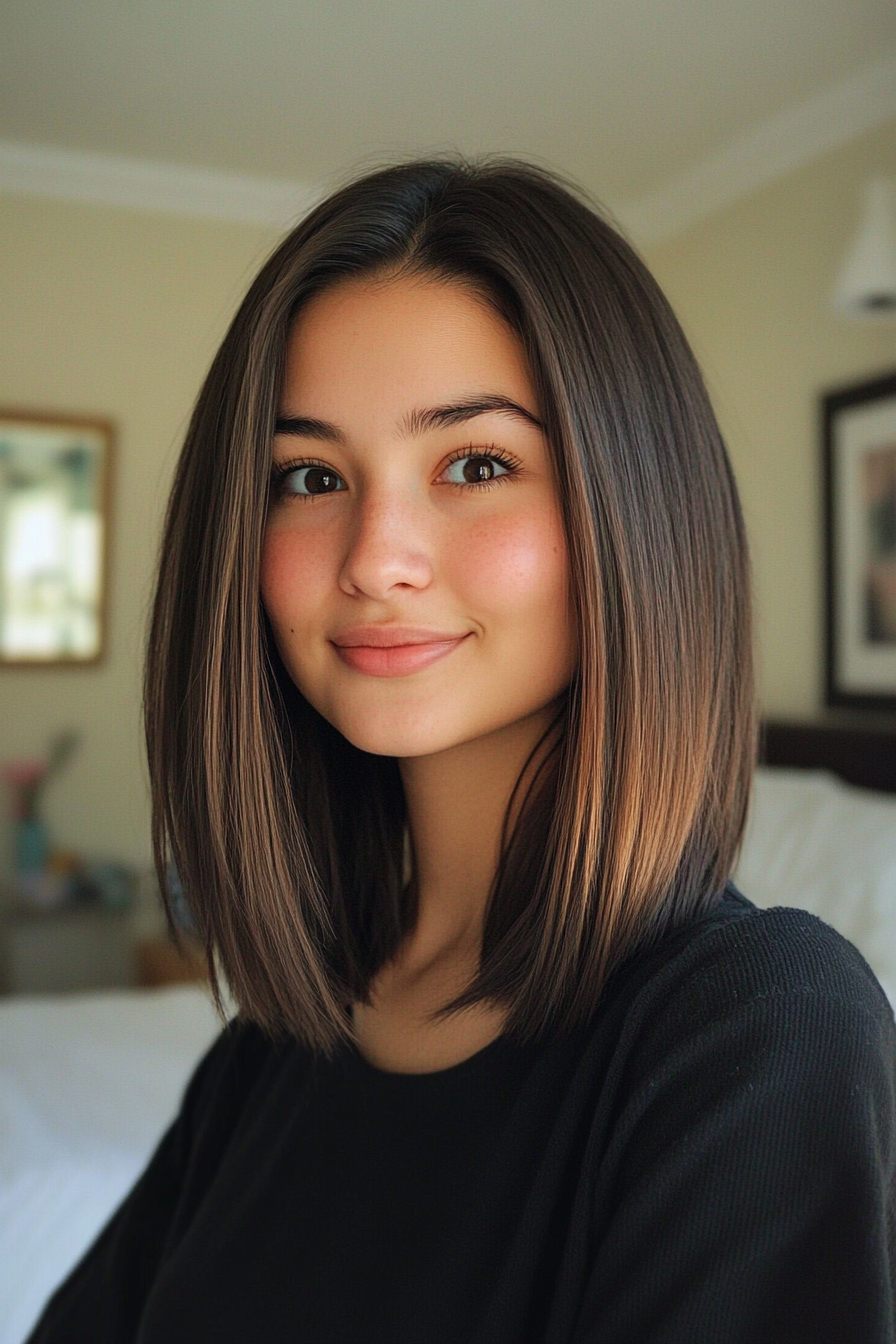 23. Medium Blunt Cut with Espresso Balayage (Medium Length Haircuts For Thick Hair) - Medium Length Haircuts For Thick Hair