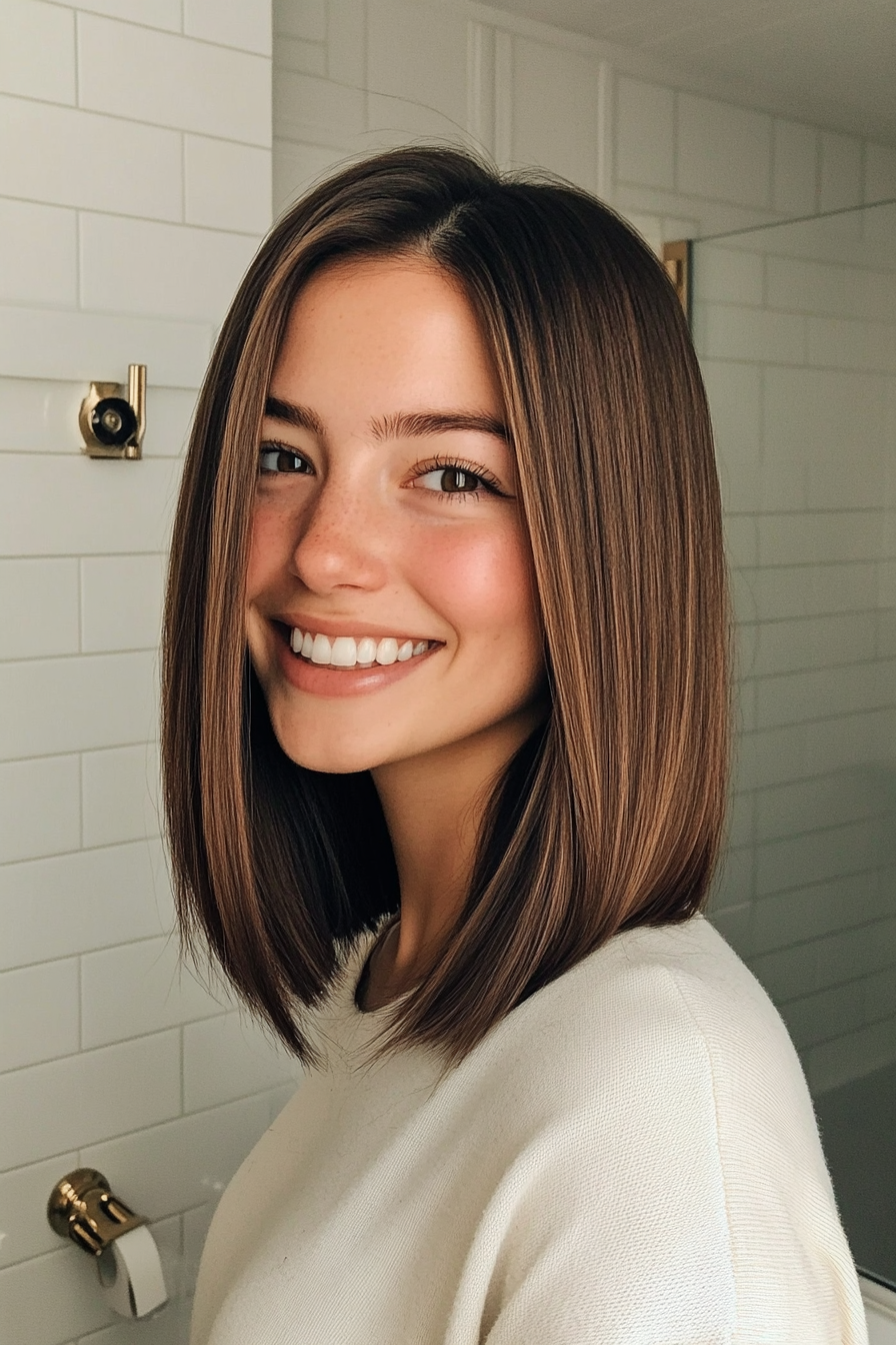 26. Straight Midi Cut with Dark Chestnut Shine (Medium Length Haircuts For Thick Hair) - Medium Length Haircuts For Thick Hair
