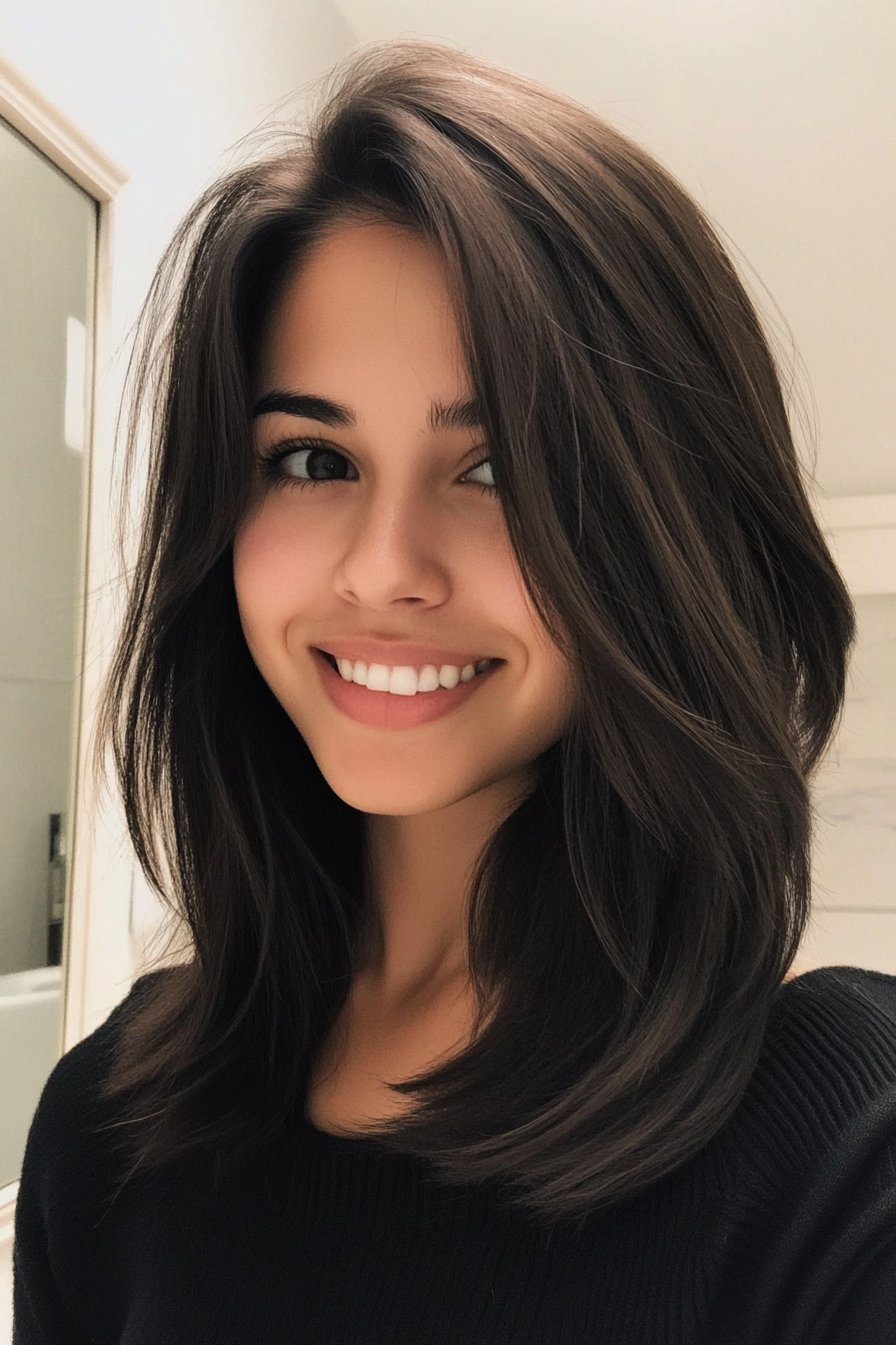 27. Mid-Length Cut with Soft Cascading Layers in Dark Hazelnut (Medium Length Haircuts For Thick Hair) - Medium Length Haircuts For Thick Hair