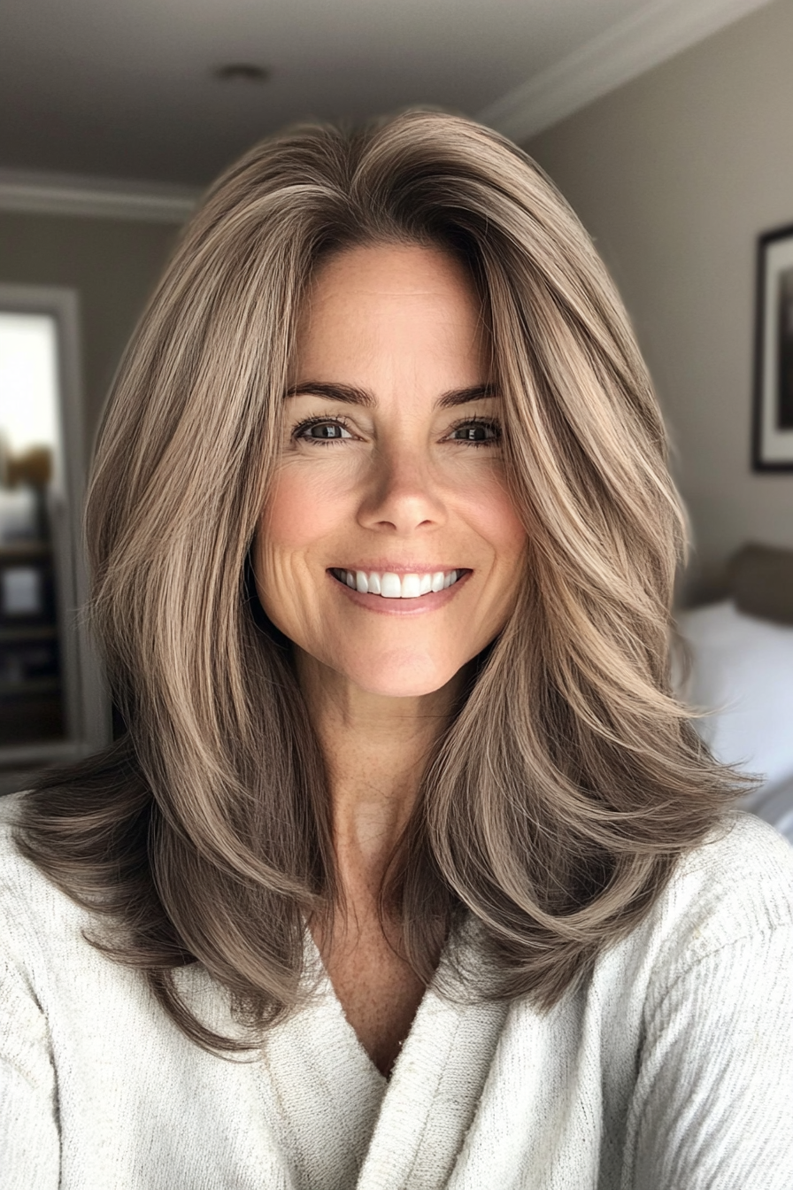 2. Feathered Lob with Ash Brown Hues (Medium Length Hairstyles For Older Women) - Medium Length Hairstyles For Older Women