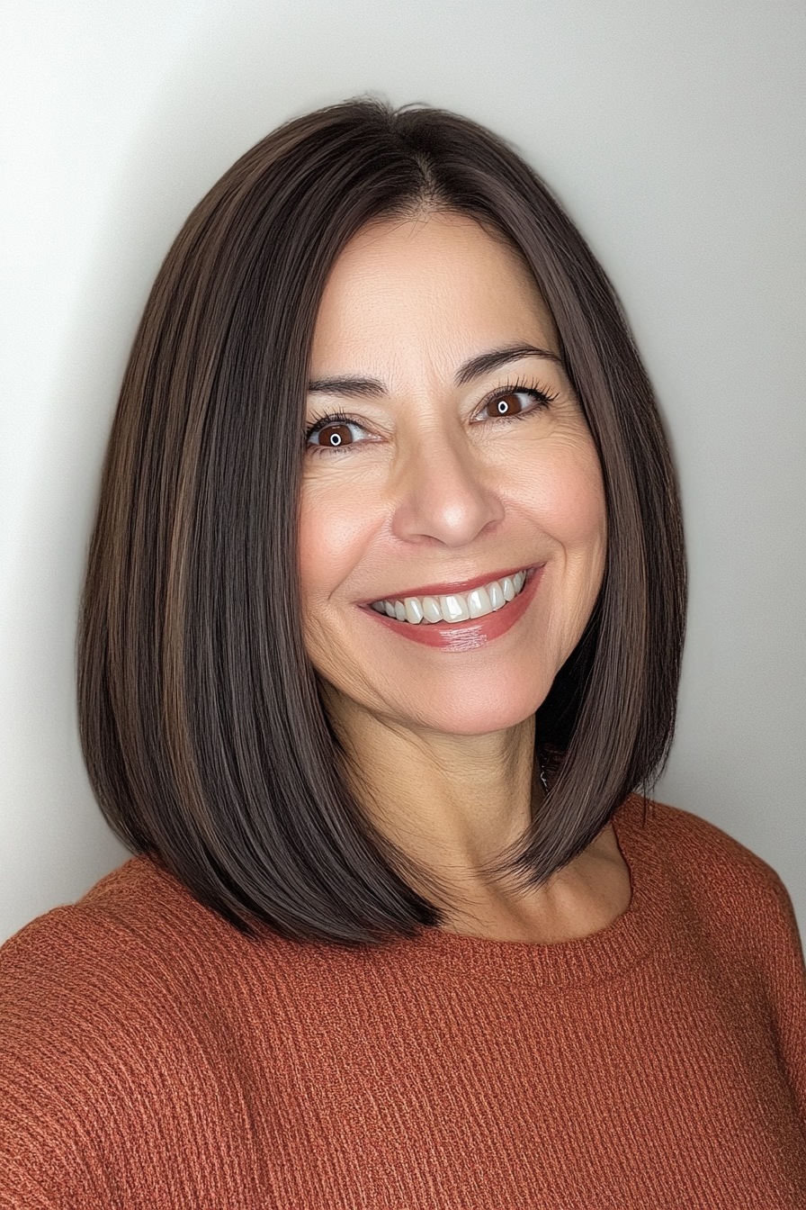 5. Blunt Cut with Deep Brunette Elegance (Medium Length Hairstyles For Older Women) - Medium Length Hairstyles For Older Women