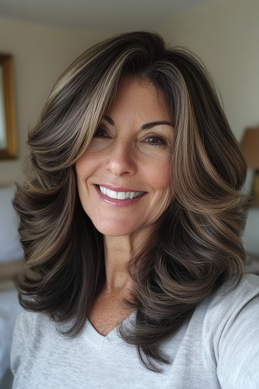 6. Curved Layers with Dark Golden Brown (Medium Length Hairstyles For Older Women) - Medium Length Hairstyles For Older Women