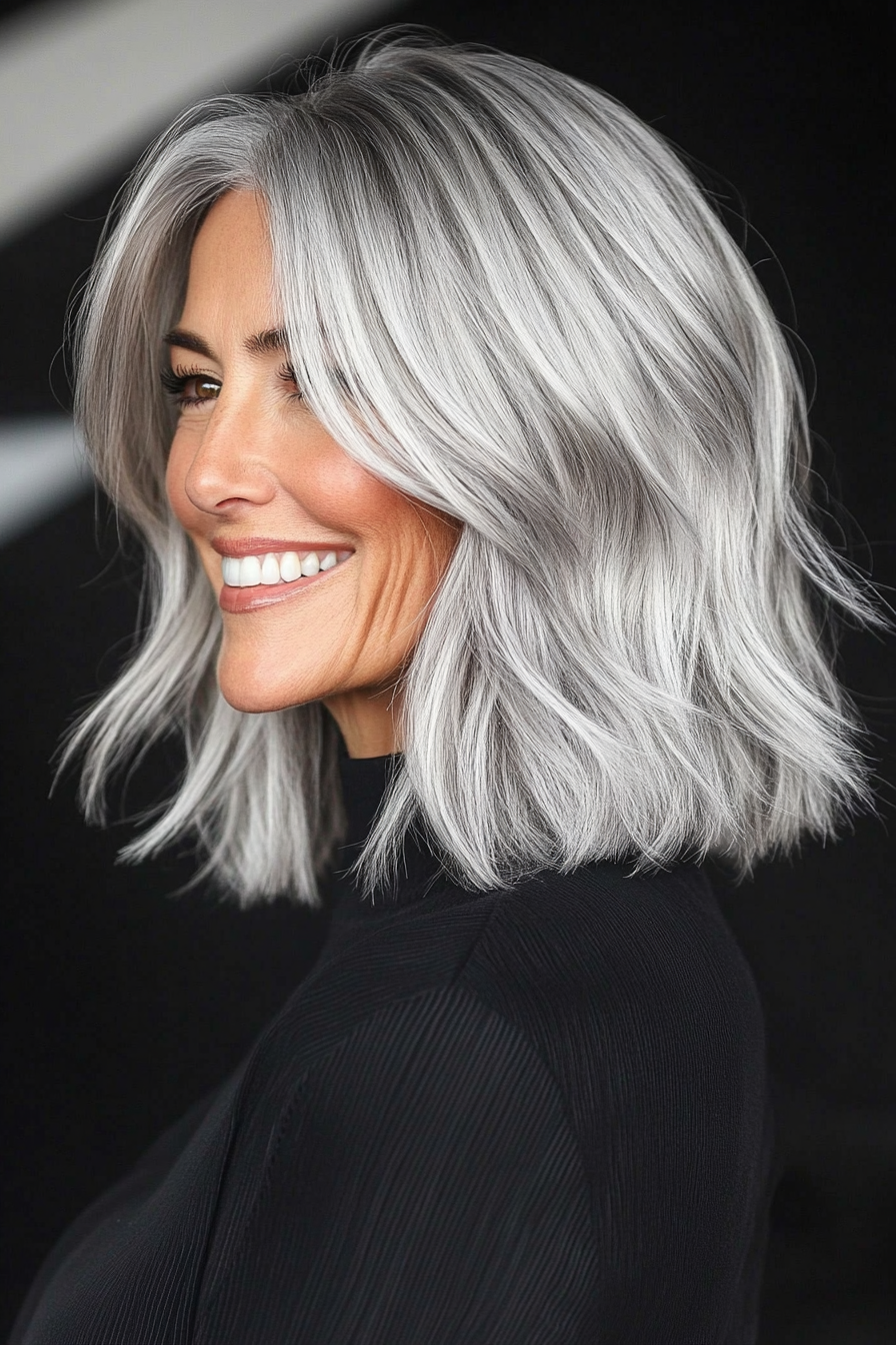 7. Textured Lob with Silver Gray Elegance (Medium Length Hairstyles For Older Women) - Medium Length Hairstyles For Older Women