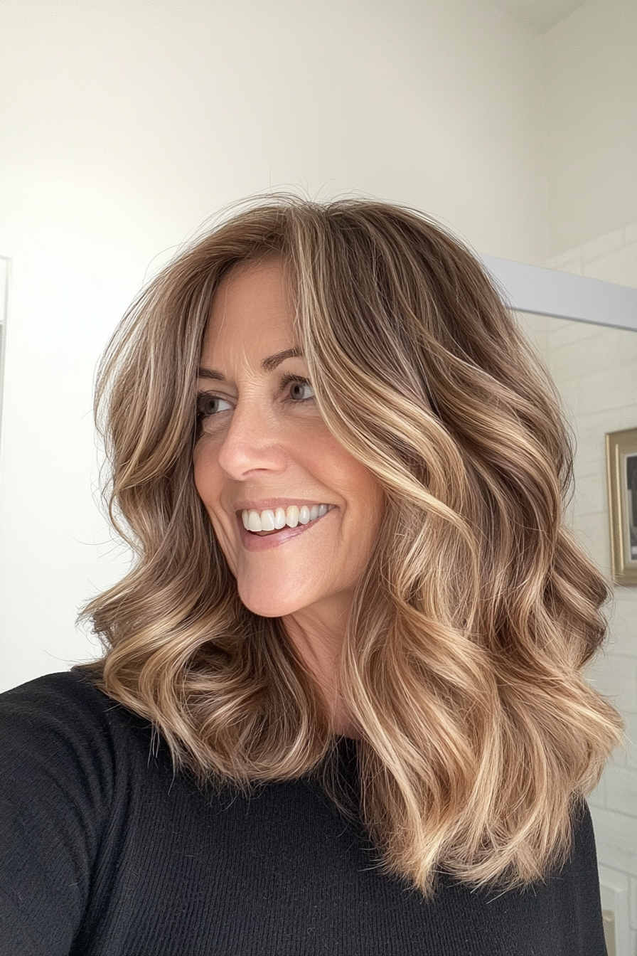 9. Wavy Layers in Light Caramel Brown (Medium Length Hairstyles For Older Women) - Medium Length Hairstyles For Older Women