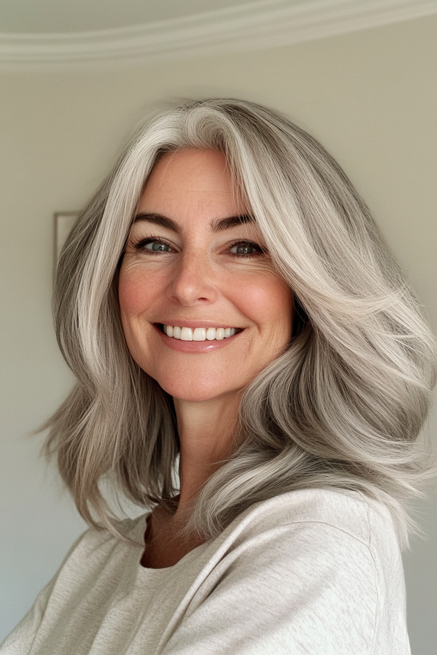 12. Soft Layered Cut with Salt-and-Pepper Blend (Medium Length Hairstyles For Older Women) - Medium Length Hairstyles For Older Women