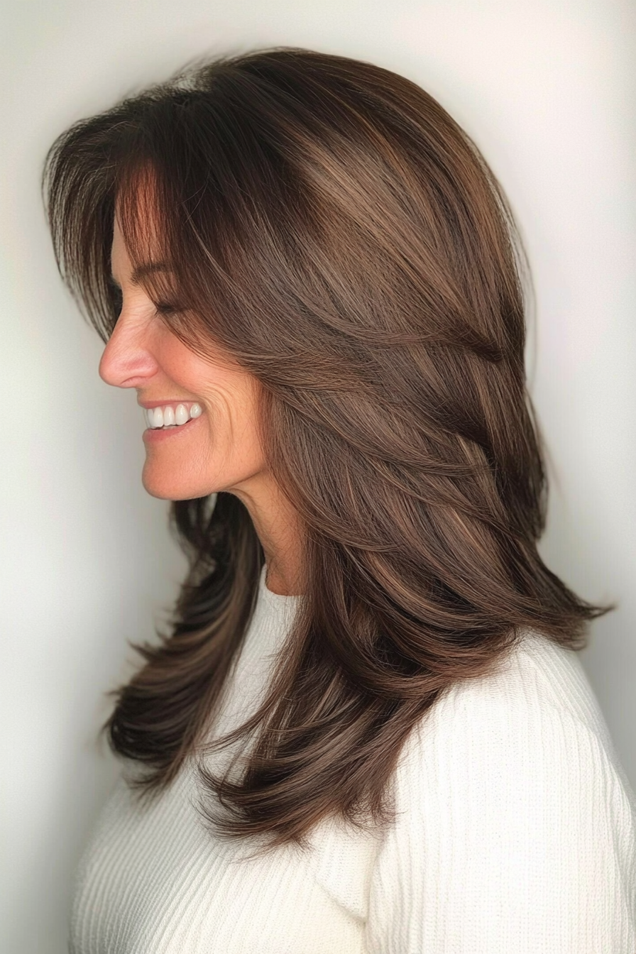 13. Long Layers in Mocha Brown (Medium Length Hairstyles For Older Women) - Medium Length Hairstyles For Older Women