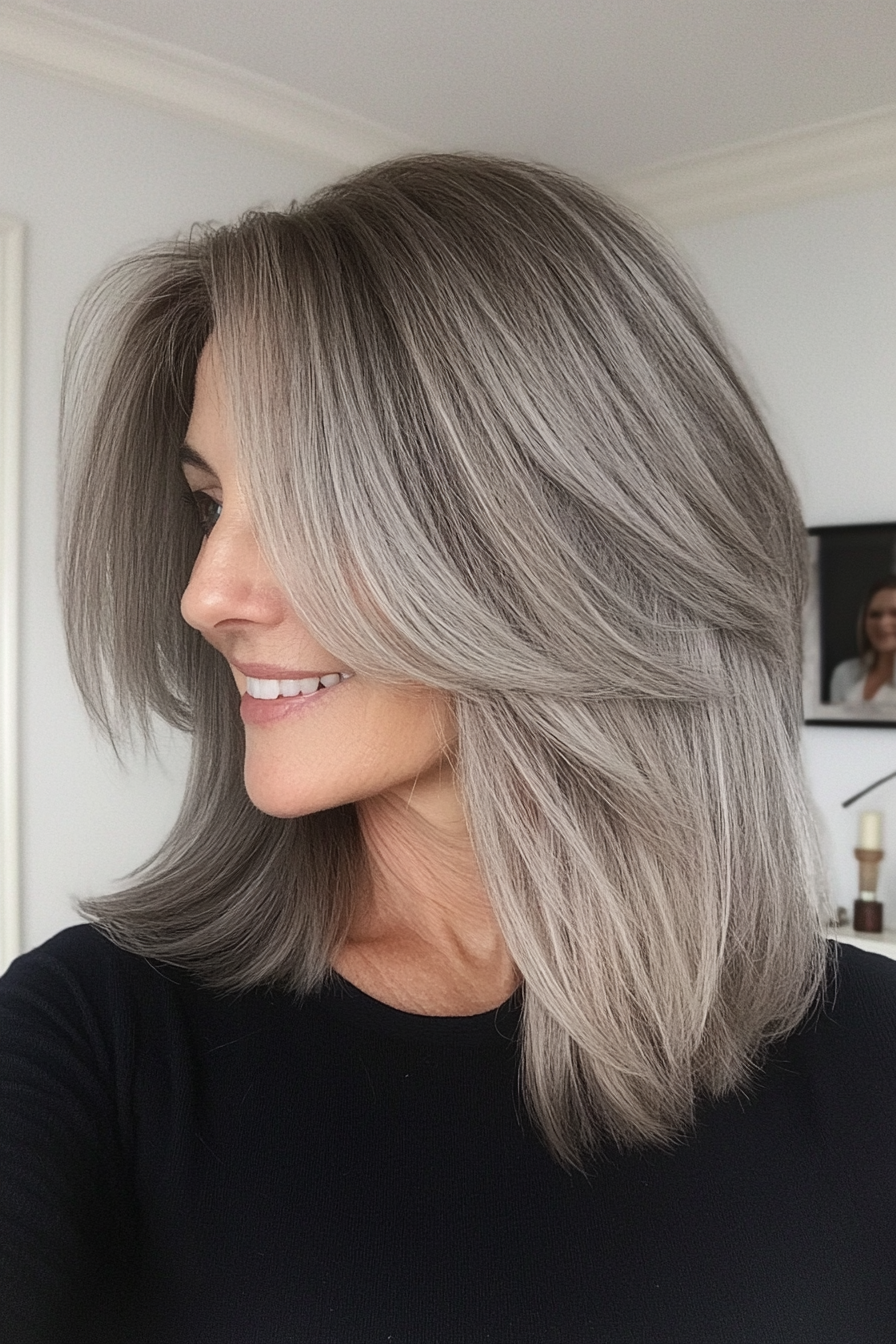 15. Fringe Layers in Cool Ash Gray (Medium Length Hairstyles For Older Women) - Medium Length Hairstyles For Older Women