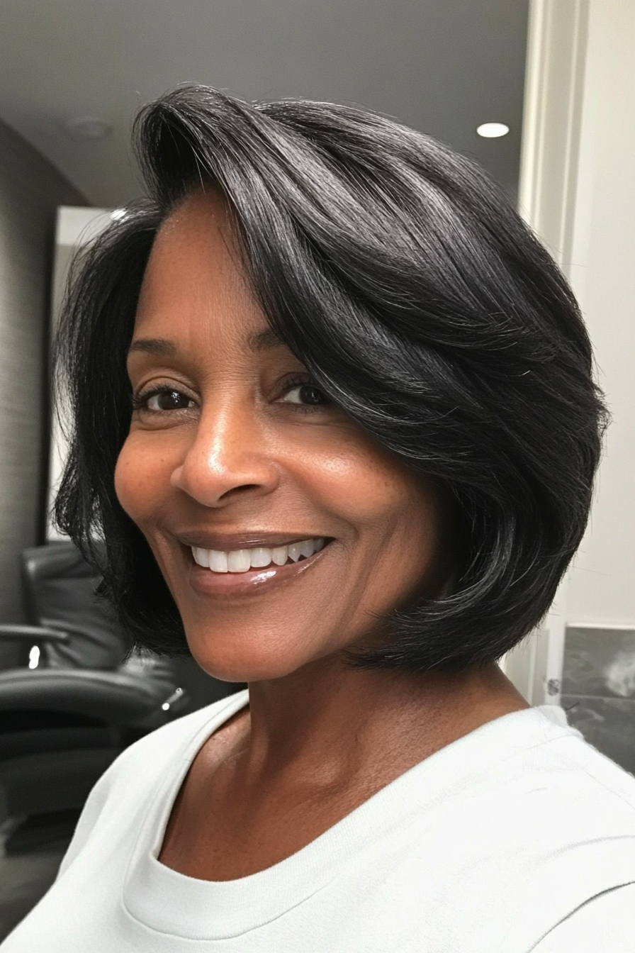 16. Layered Bob with Natural Black Shine (Medium Length Hairstyles For Older Women) - Medium Length Hairstyles For Older Women