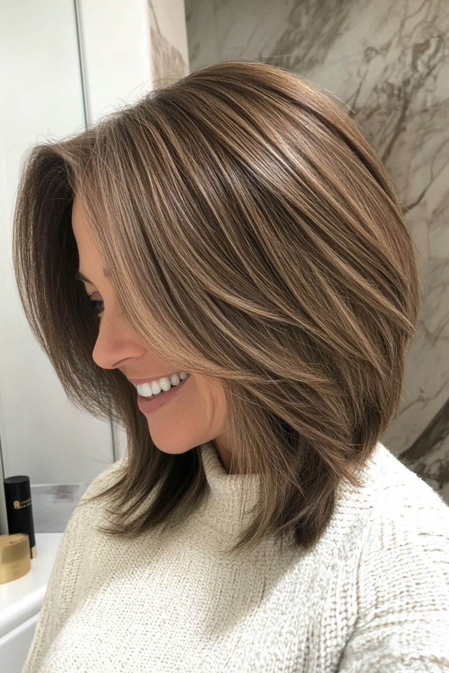 17. Angled Lob with Warm Hazelnut Accents (Medium Length Hairstyles For Older Women) - Medium Length Hairstyles For Older Women