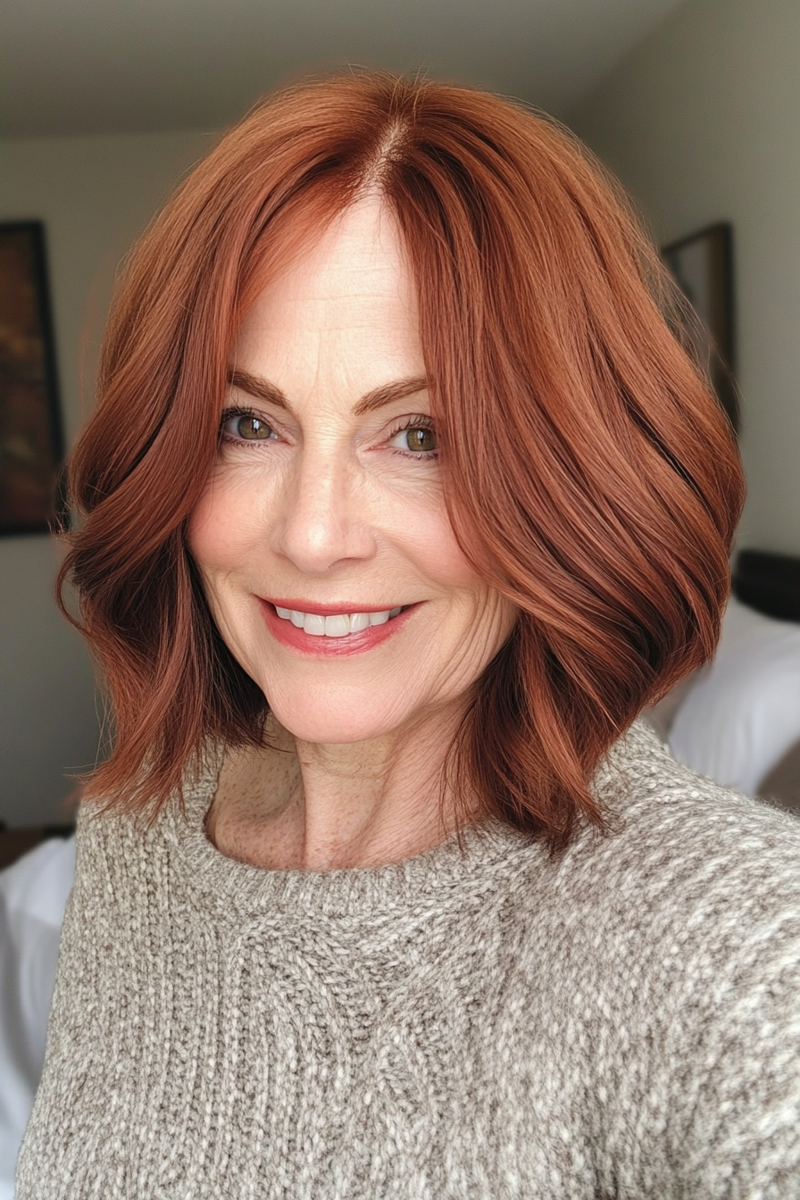 20. Curved Bob with Mahogany Undertones (Medium Length Hairstyles For Older Women) - Medium Length Hairstyles For Older Women