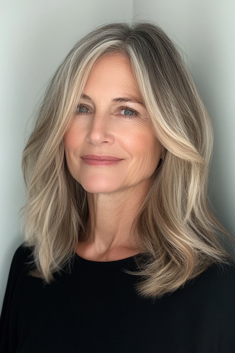 22. Straight Lob with Warm Caramel Balayage (Medium Length Hairstyles For Older Women) - Medium Length Hairstyles For Older Women