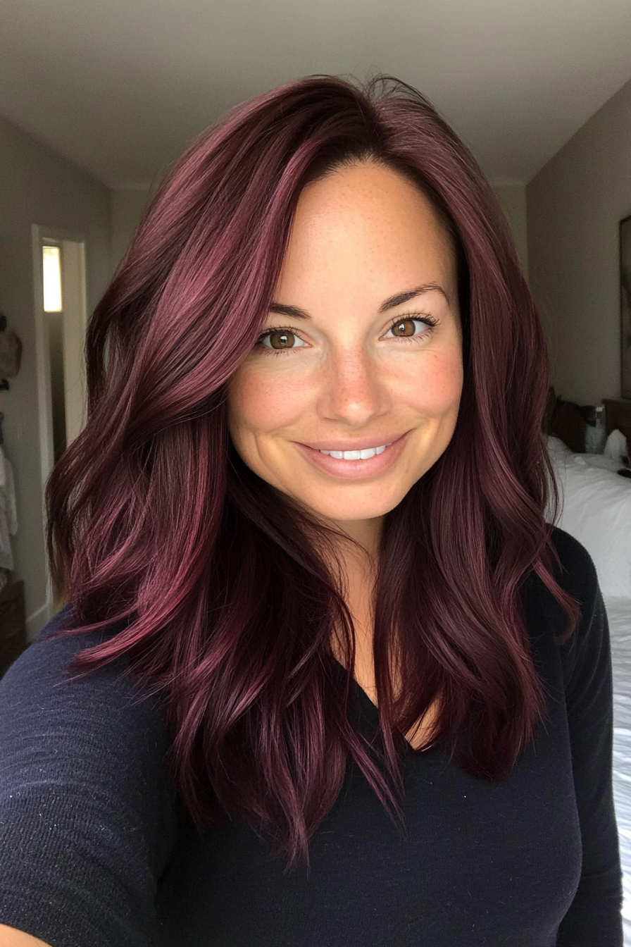 23. Side-Parted Waves in Deep Burgundy (Medium Length Hairstyles For Older Women) - Medium Length Hairstyles For Older Women