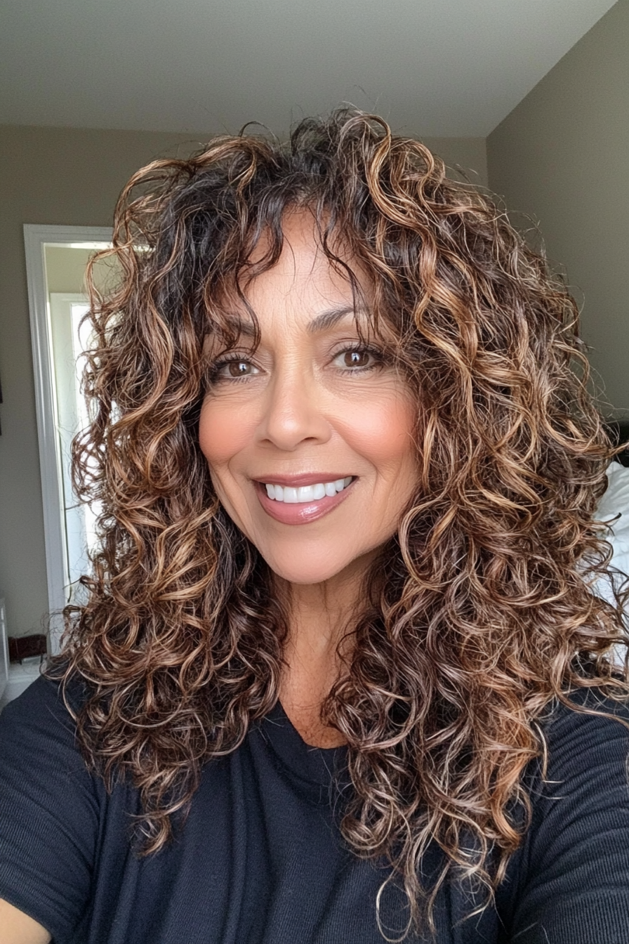 25. Bouncy Curls in Espresso and Honey Mix (Medium Length Hairstyles For Older Women) - Medium Length Hairstyles For Older Women