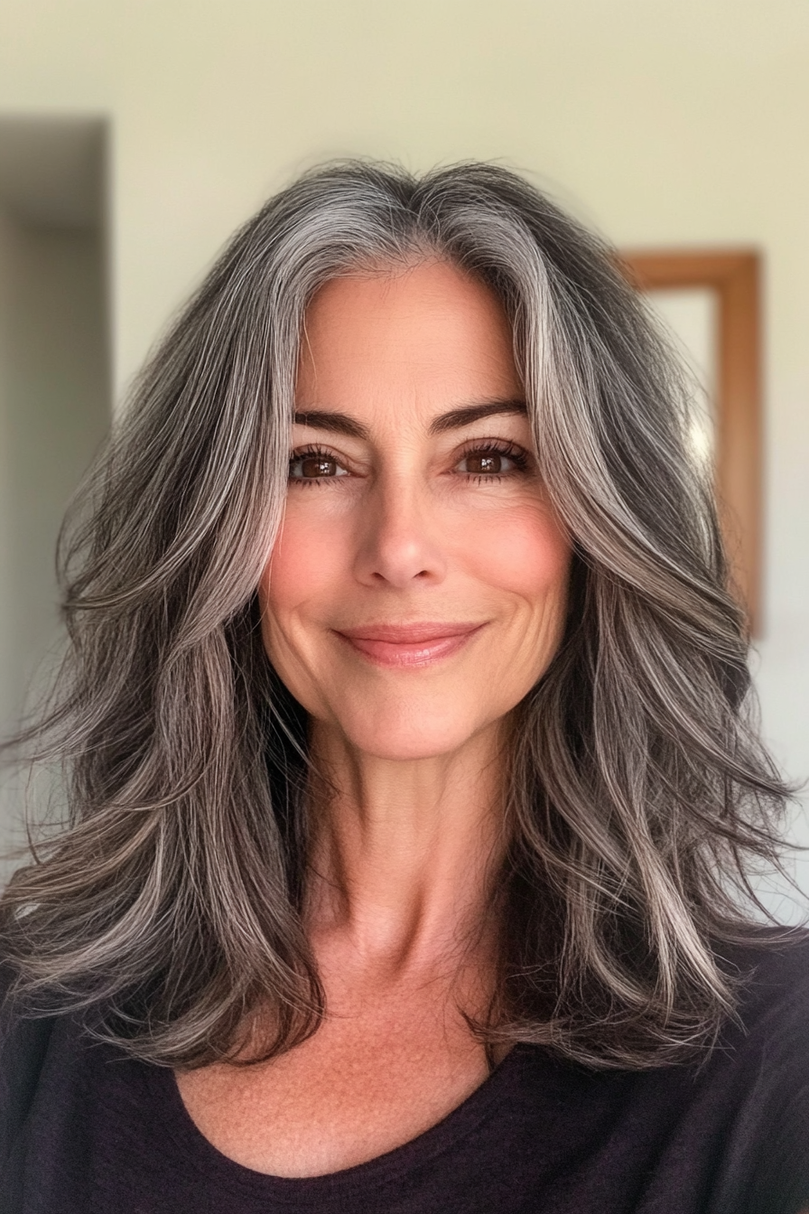 27. Layered Waves with Natural Brunette Blend (Medium Length Hairstyles For Older Women) - Medium Length Hairstyles For Older Women