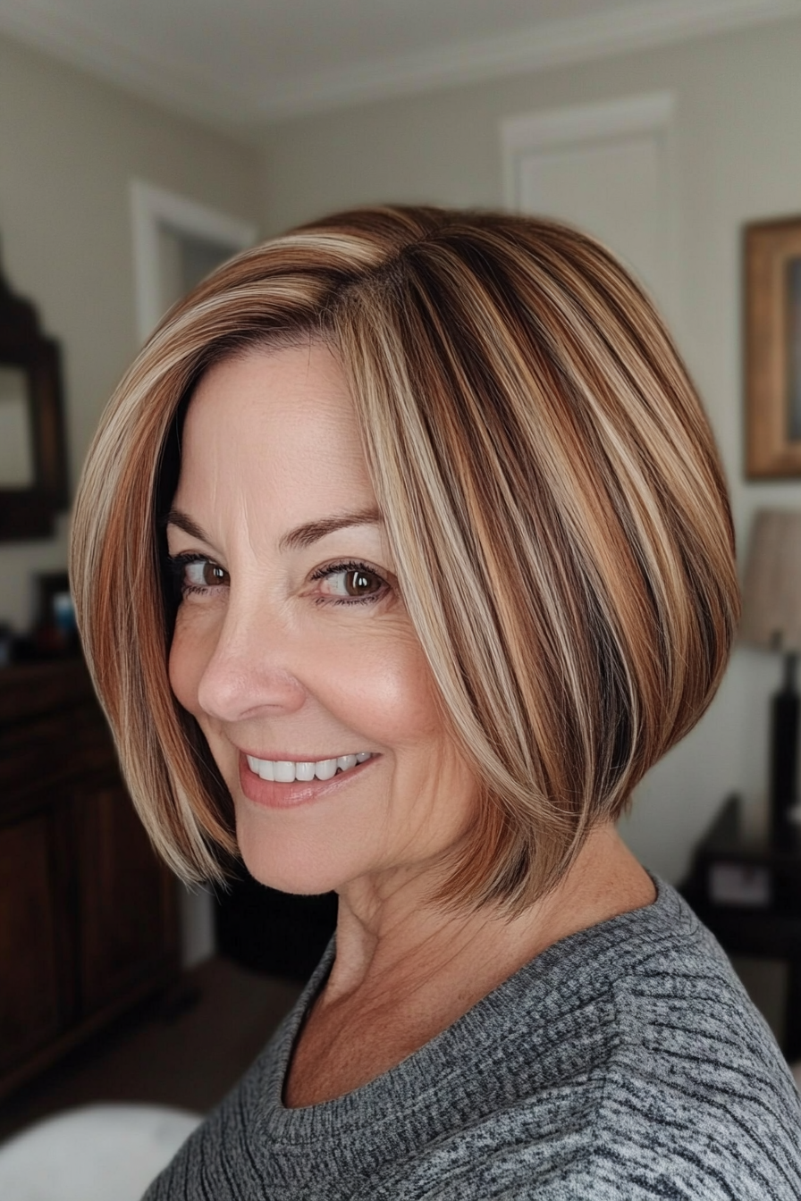 9. Stacked Bob with Soft Cinnamon Highlights (Bob Haircuts For Older Women) - Bob Haircuts For Older Women