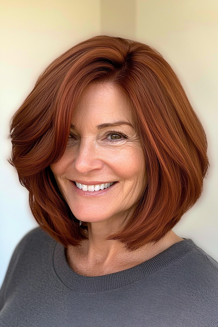 10. Feathered Bob in Deep Chestnut Red (Bob Haircuts For Older Women) - Bob Haircuts For Older Women