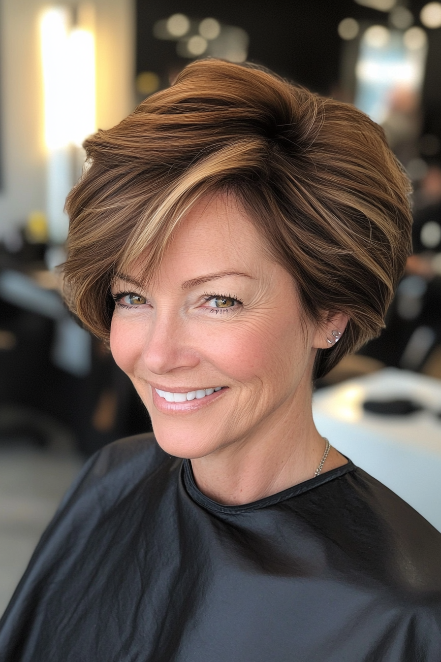 15. Layered Pixie Bob in Soft Almond Brown (Bob Haircuts For Older Women) - Bob Haircuts For Older Women