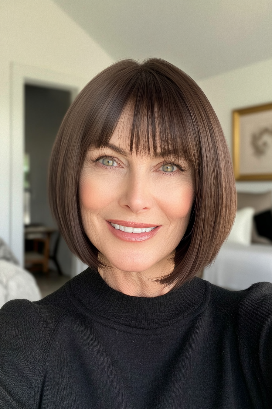 16. Fringed Bob with Milk Chocolate Hue (Bob Haircuts For Older Women) - Bob Haircuts For Older Women