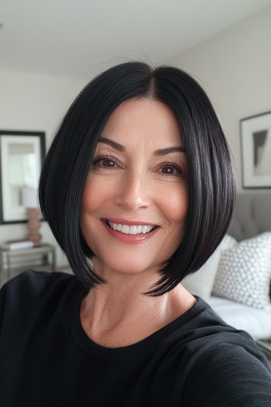 17. Rounded Bob with Natural Black Shine (Bob Haircuts For Older Women) - Bob Haircuts For Older Women
