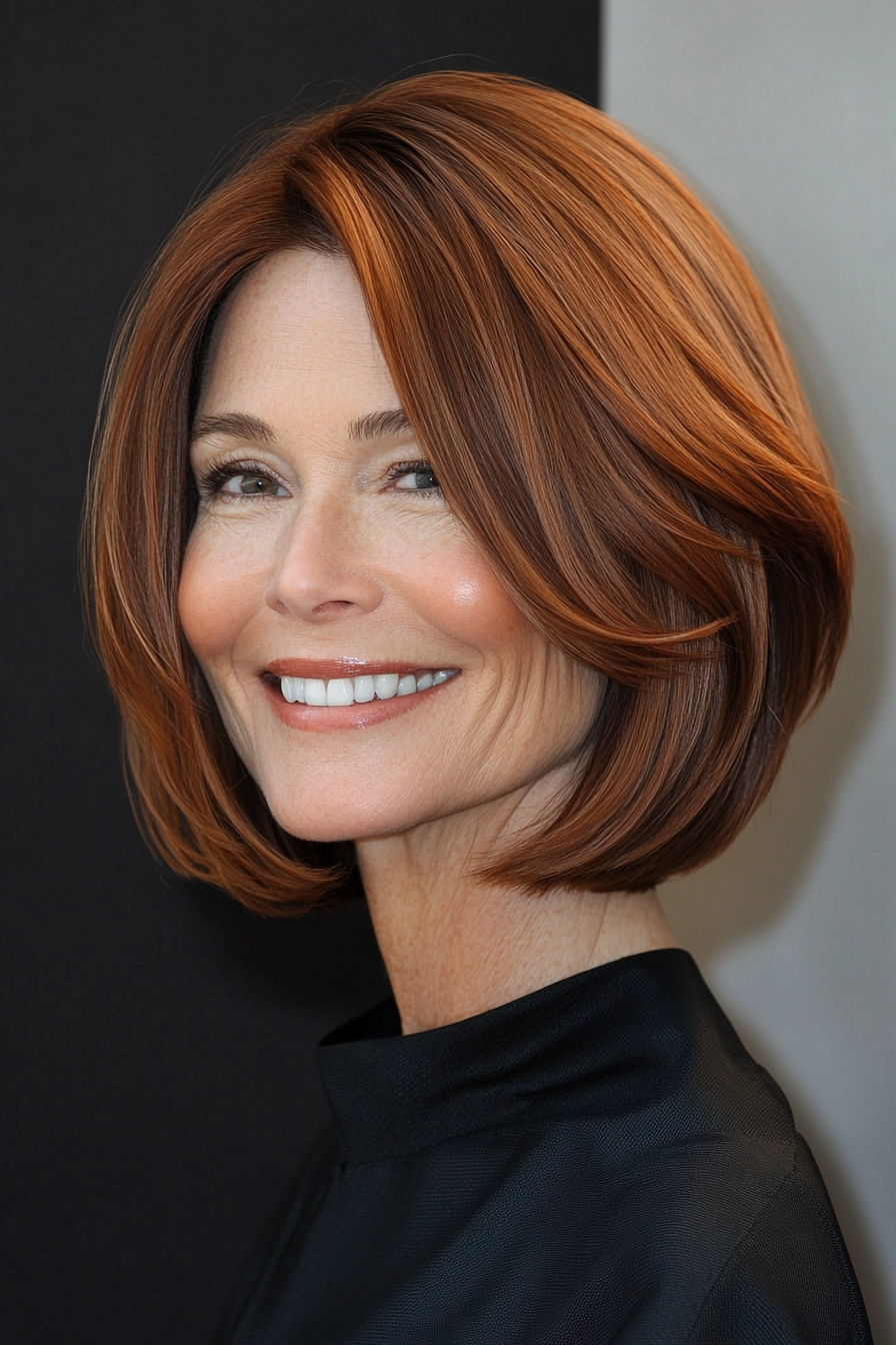 20. Soft Layered Bob with Copper Accents (Bob Haircuts For Older Women) - Bob Haircuts For Older Women