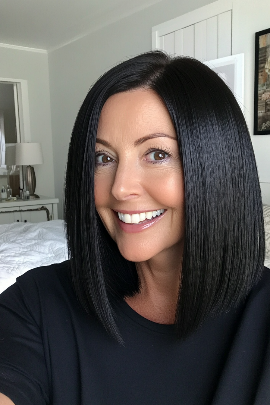 3. Straight Blunt Cut with Jet Black (Shoulder Length Hairstyles For Women Over 50) - Shoulder Length Hairstyles For Women Over 50