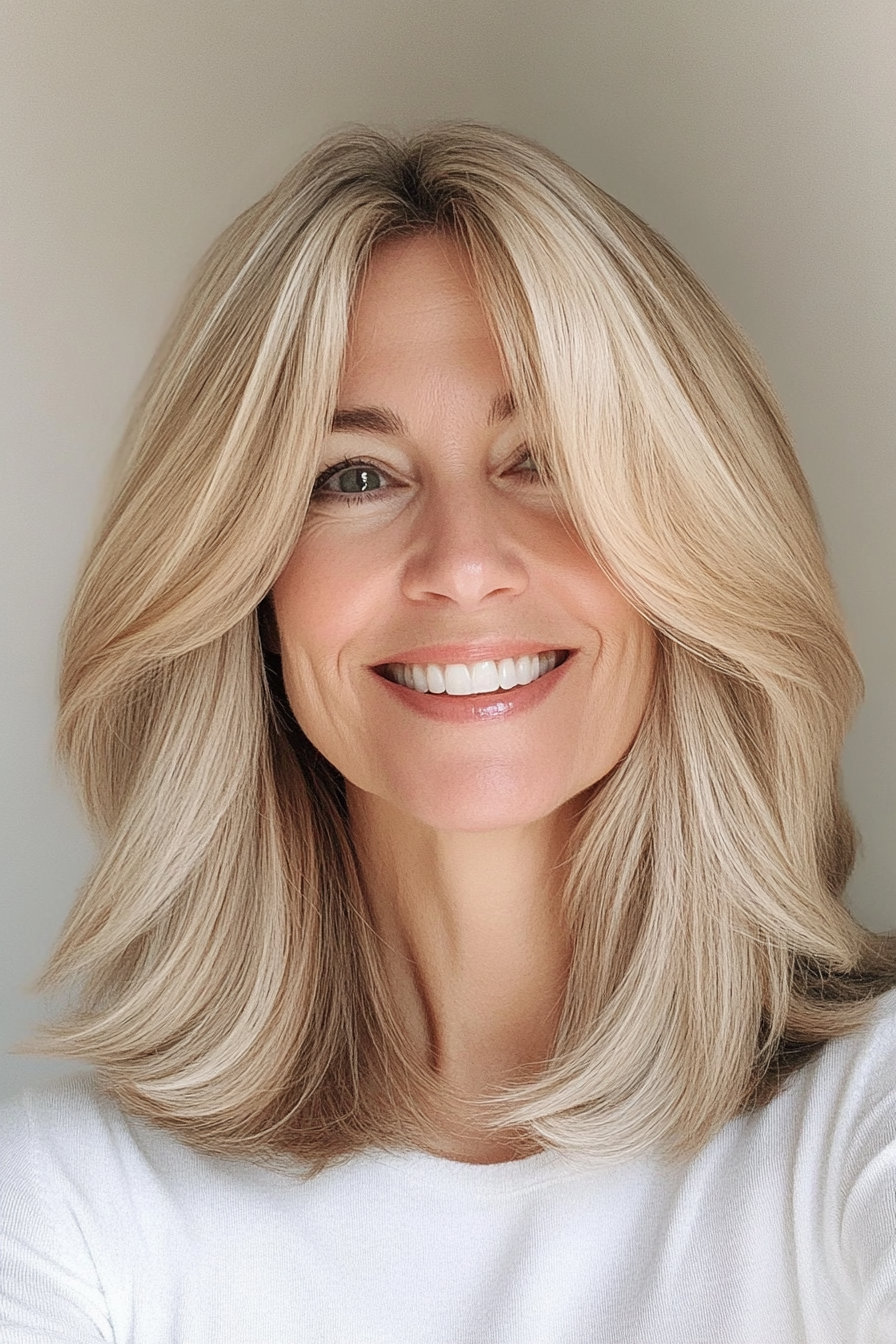 5. Feathered Layers with Sandy Blonde (Shoulder Length Hairstyles For Women Over 50) - Shoulder Length Hairstyles For Women Over 50