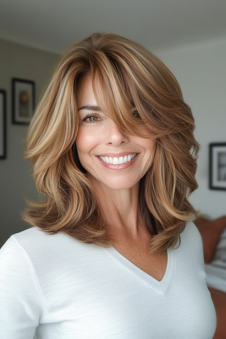 7. Curtain Bangs with Golden Auburn (Shoulder Length Hairstyles For Women Over 50) - Shoulder Length Hairstyles For Women Over 50