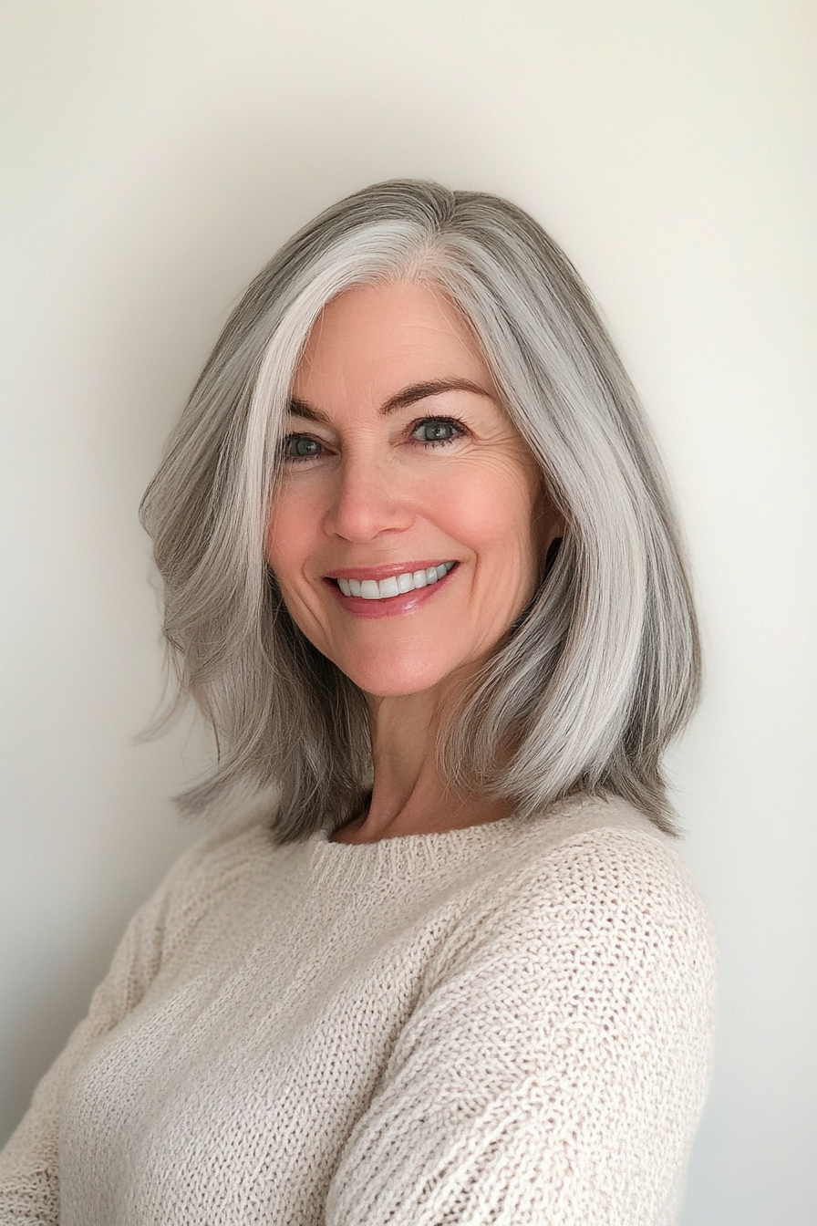 8. Classic Lob with Silver Gray (Shoulder Length Hairstyles For Women Over 50) - Shoulder Length Hairstyles For Women Over 50