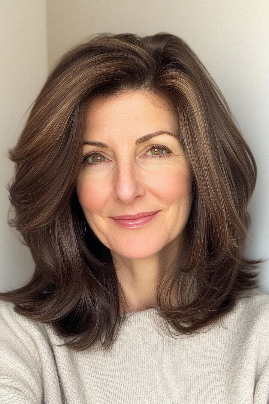 9. Face-Framing Layers with Dark Chocolate (Shoulder Length Hairstyles For Women Over 50) - Shoulder Length Hairstyles For Women Over 50