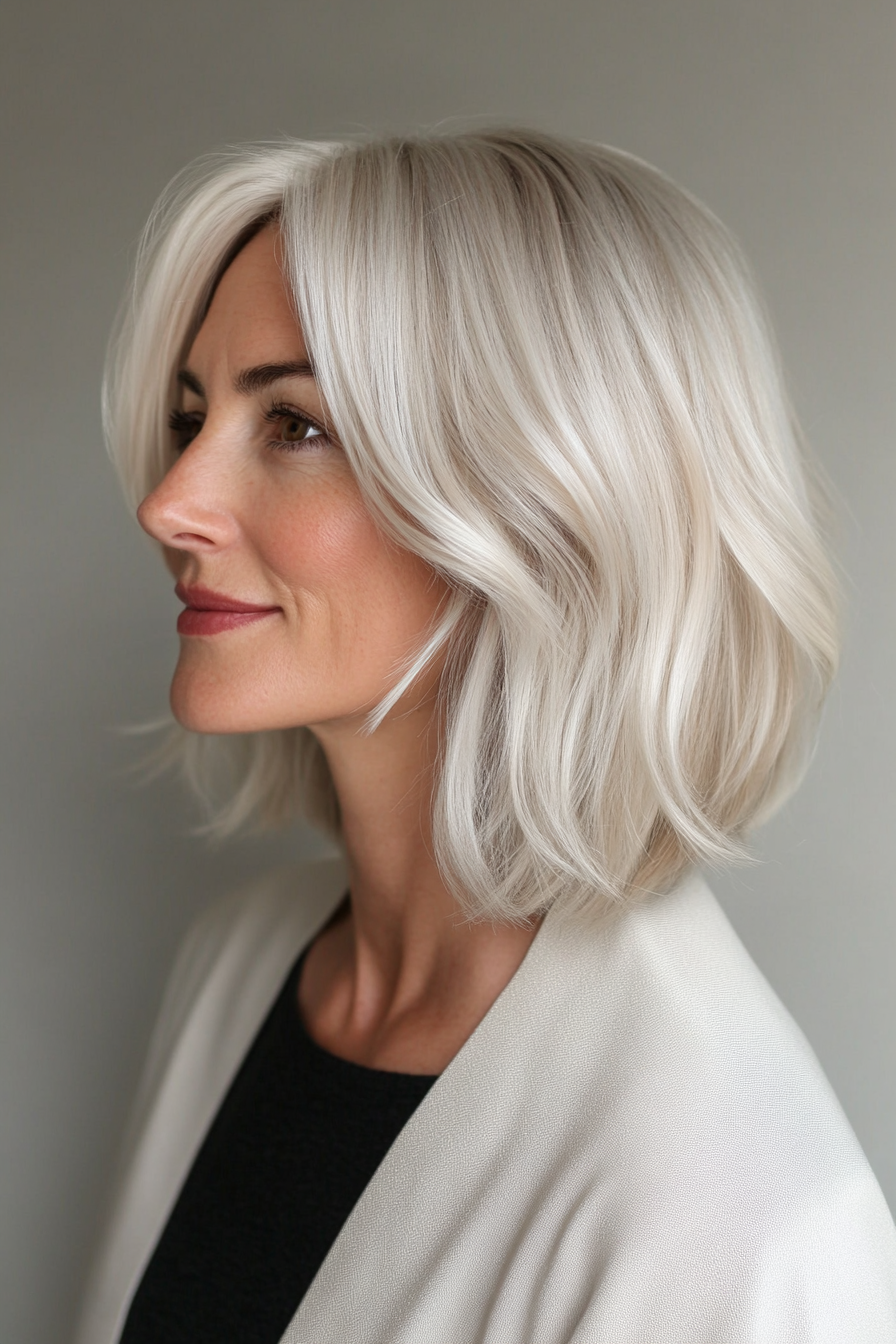 10. Blunt Ends with Cool Platinum Blonde (Shoulder Length Hairstyles For Women Over 50) - Shoulder Length Hairstyles For Women Over 50