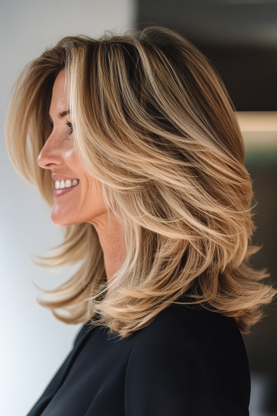 12. Voluminous Blowout in Soft Honey Blonde (Shoulder Length Hairstyles For Women Over 50) - Shoulder Length Hairstyles For Women Over 50