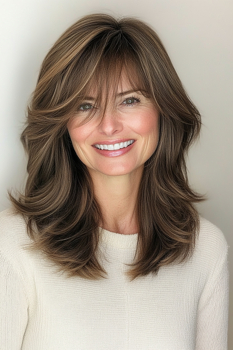 13. Side-Swept Bangs with Deep Brunette (Shoulder Length Hairstyles For Women Over 50) - Shoulder Length Hairstyles For Women Over 50