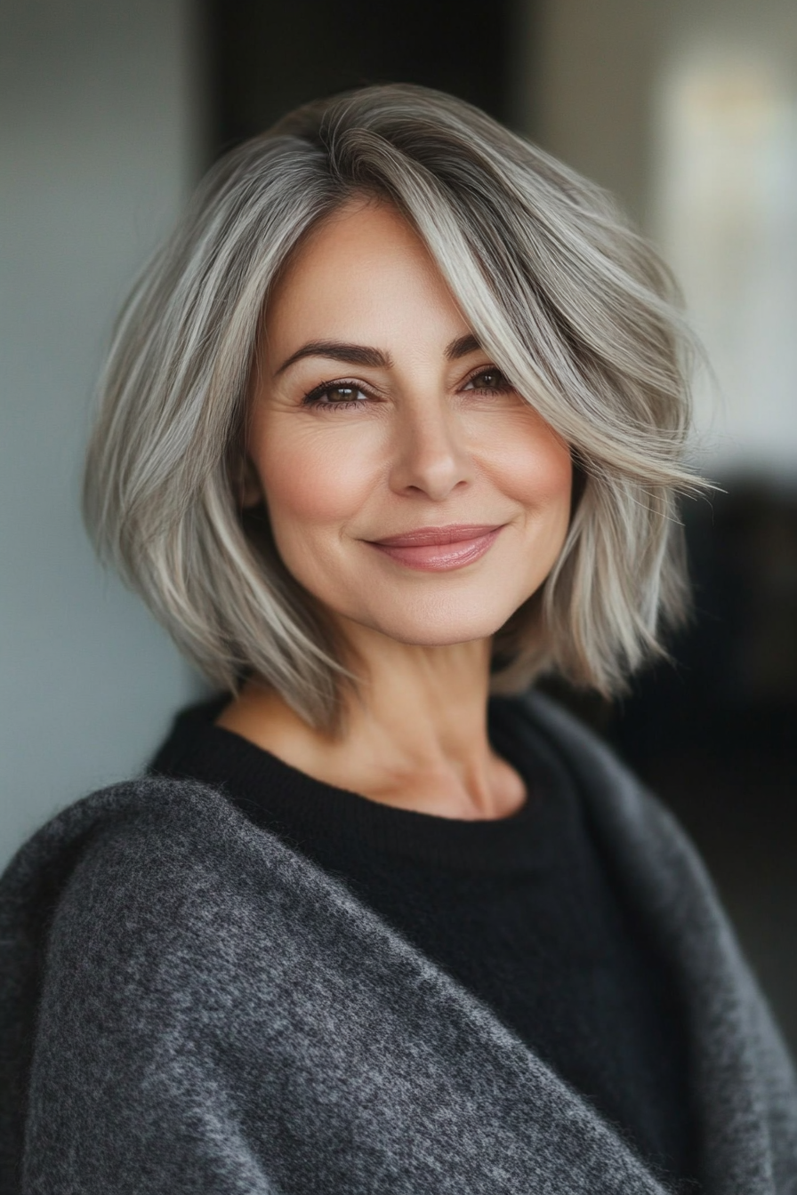 14. Layered Bob with Salt and Pepper (Shoulder Length Hairstyles For Women Over 50) - Shoulder Length Hairstyles For Women Over 50