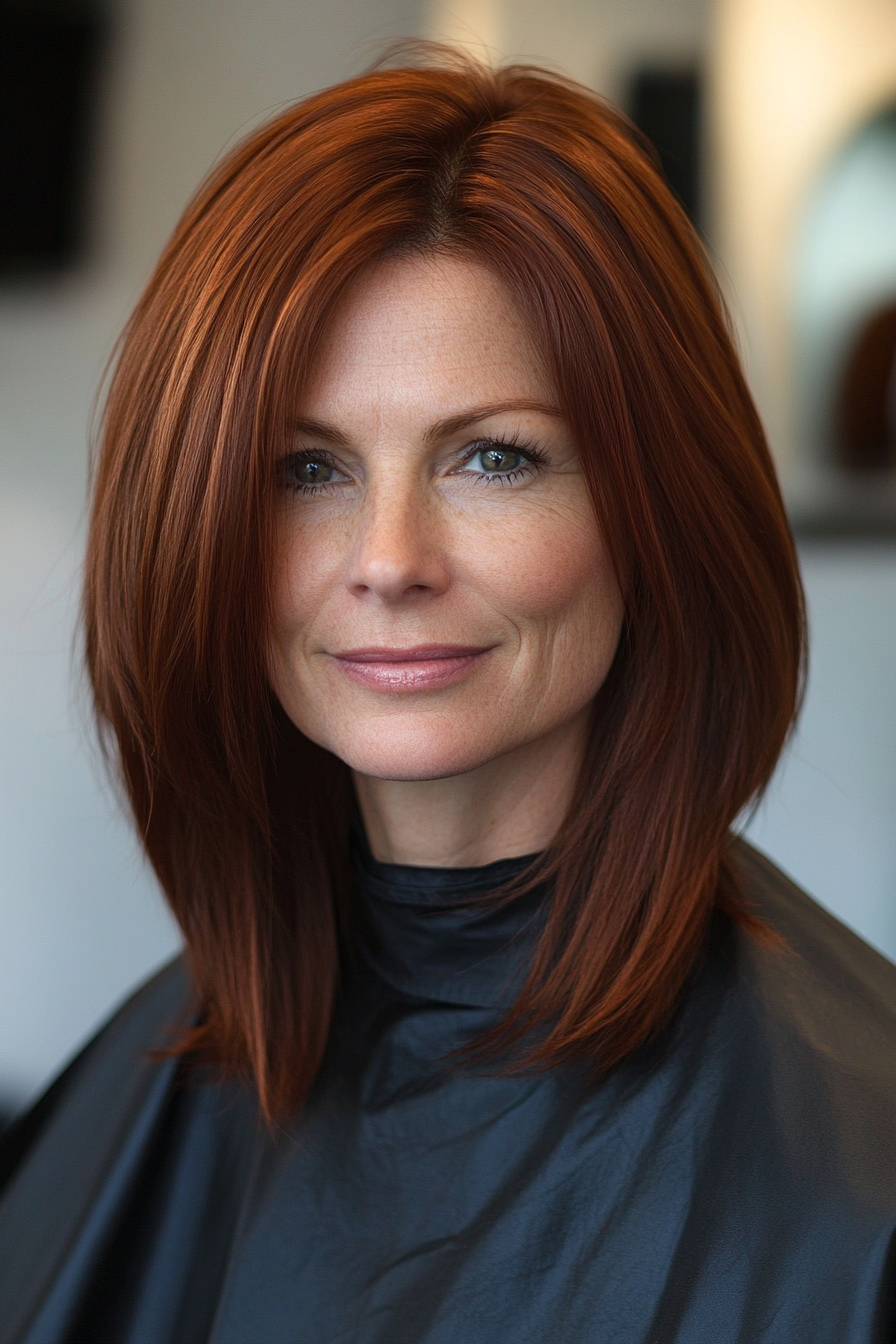 16. Sleek Straight Cut with Deep Mahogany (Shoulder Length Hairstyles For Women Over 50) - Shoulder Length Hairstyles For Women Over 50