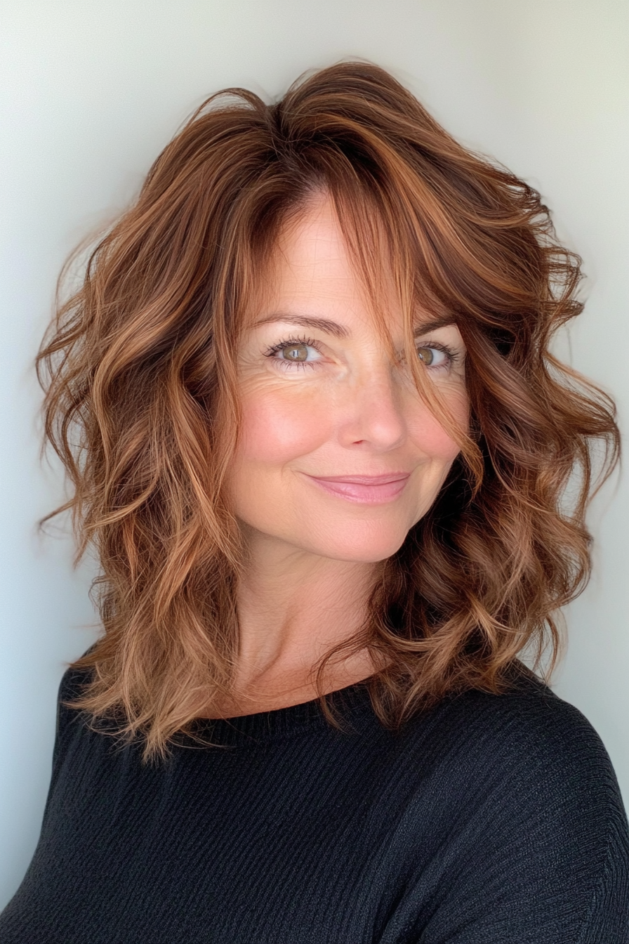 19. Soft Curls with Rich Chestnut Brown (Shoulder Length Hairstyles For Women Over 50) - Shoulder Length Hairstyles For Women Over 50