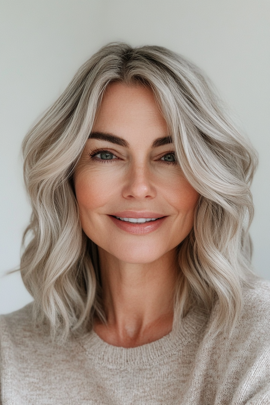 20. Middle Part Waves with Ash Blonde (Shoulder Length Hairstyles For Women Over 50) - Shoulder Length Hairstyles For Women Over 50